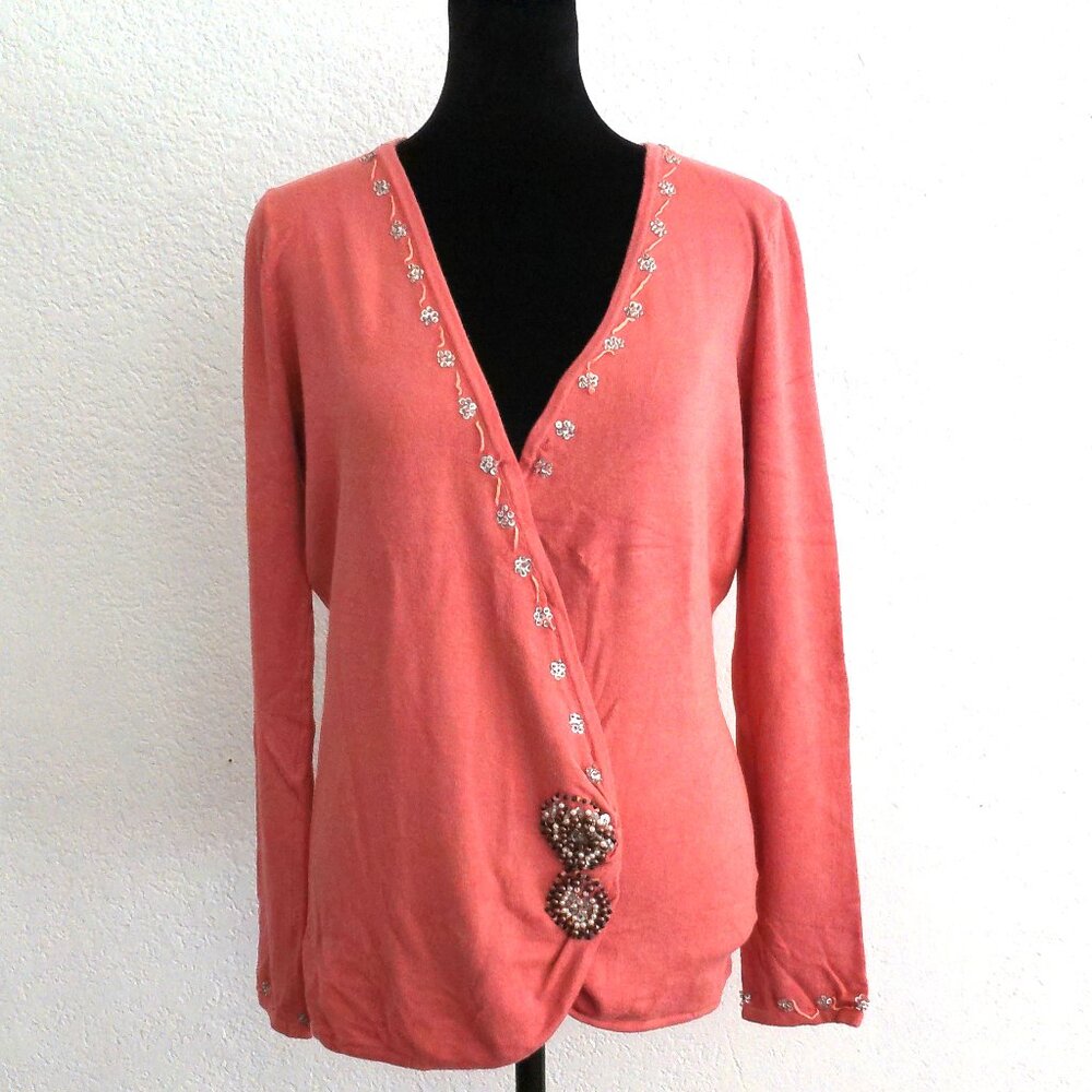 Mirrors, Peach/pink V-neck sweater with sequins and beads details
